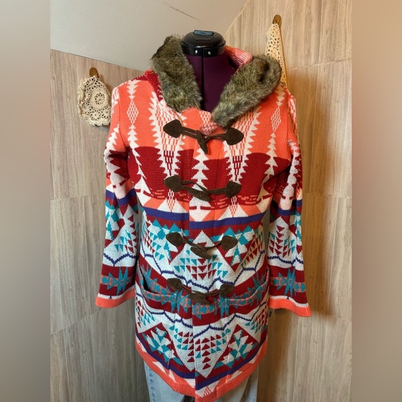 Valleygirl Sweaters - Valleygirl Red Peach Turquoise White and Brown Knit Coat with Faux Fur Hood